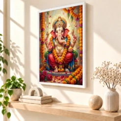 Ganesha Marigold Oil Painting Ganesh Chaturthi Festive Art Photo Frame 15 Ganesha Marigold Oil Painting Ganesh Chaturthi Festive Art Photo Frame — white frame warm console