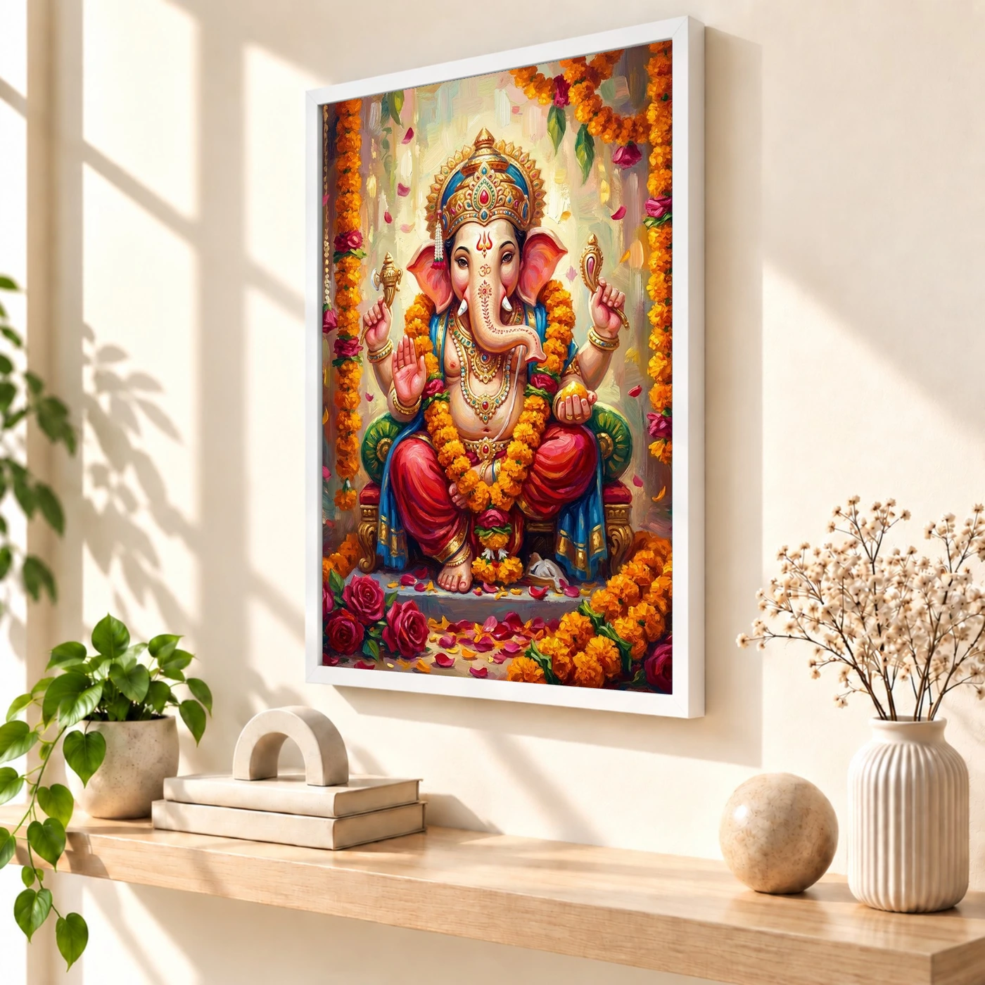 Ganesha Marigold Oil Painting Ganesh Chaturthi Festive Art Photo Frame 7 Ganesha Marigold Oil Painting Ganesh Chaturthi Festive Art Photo Frame — white frame warm console