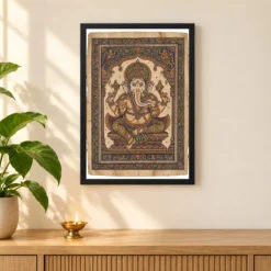 Ganesha Pattachitra Odisha Palm Leaf Traditional Art Photo Frame 11 Ganesha Pattachitra Odisha Palm Leaf Traditional Art Photo Frame — black frame pooja shelf