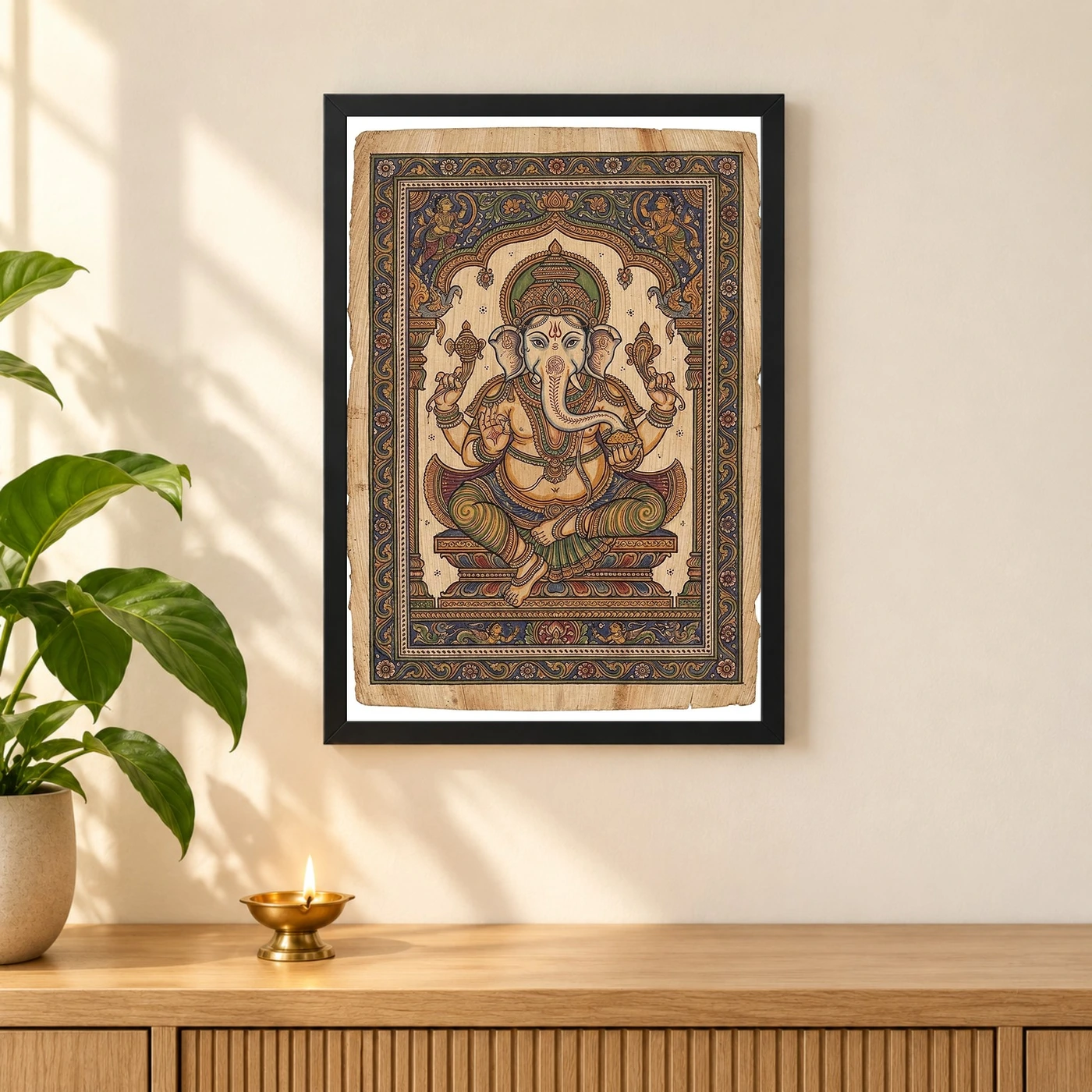 Ganesha Pattachitra Odisha Palm Leaf Traditional Art Photo Frame 3 Ganesha Pattachitra Odisha Palm Leaf Traditional Art Photo Frame — black frame pooja shelf