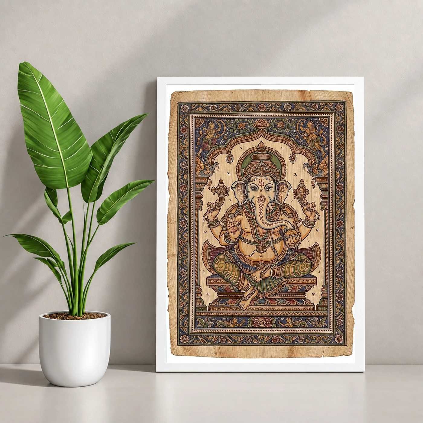 Ganesha Pattachitra Odisha Palm Leaf Traditional Art Photo Frame 4 Ganesha Pattachitra Odisha Palm Leaf Traditional Art Photo Frame — white frame console
