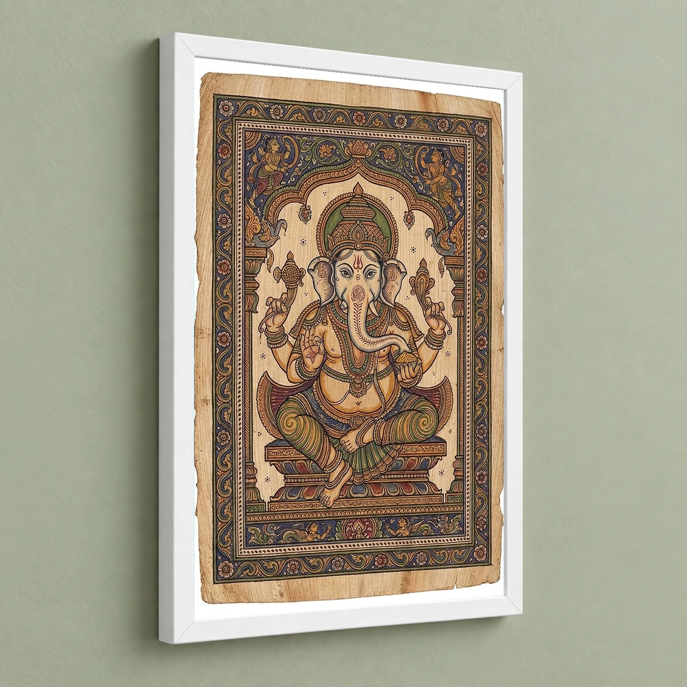 Ganesha Pattachitra Odisha Palm Leaf Traditional Art Photo Frame 5 Ganesha Pattachitra Odisha Palm Leaf Traditional Art Photo Frame — white frame angled wall