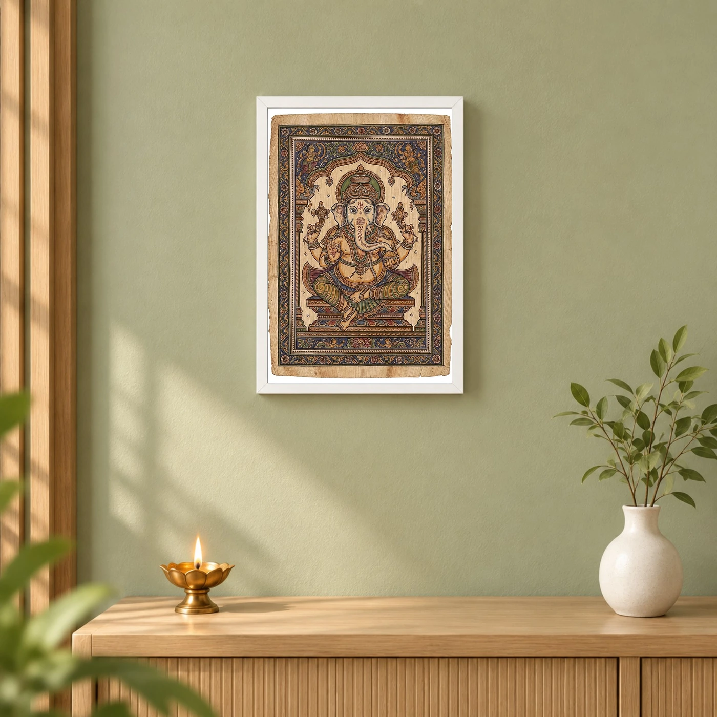 Ganesha Pattachitra Odisha Palm Leaf Traditional Art Photo Frame 6 Ganesha Pattachitra Odisha Palm Leaf Traditional Art Photo Frame — white frame distant wall
