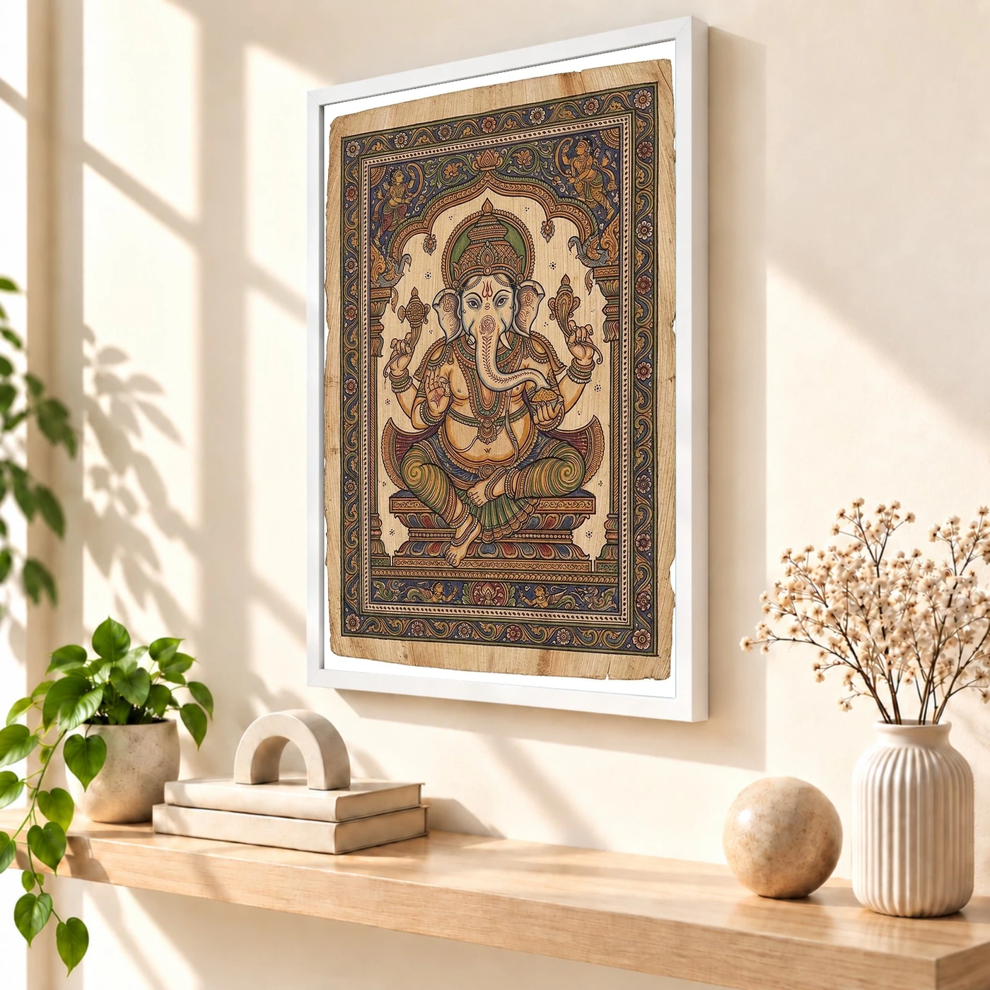 Ganesha Pattachitra Odisha Palm Leaf Traditional Art Photo Frame 7 Ganesha Pattachitra Odisha Palm Leaf Traditional Art Photo Frame — white frame warm console