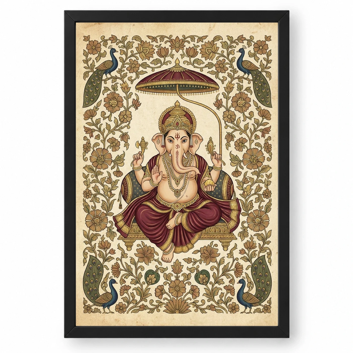 Ganesha Pichwai Painting Peacock Floral Rajasthani Wall Art Photo Frame 1 Ganesha Pichwai Painting Peacock Floral Rajasthani Wall Art Photo Frame — black frame clean
