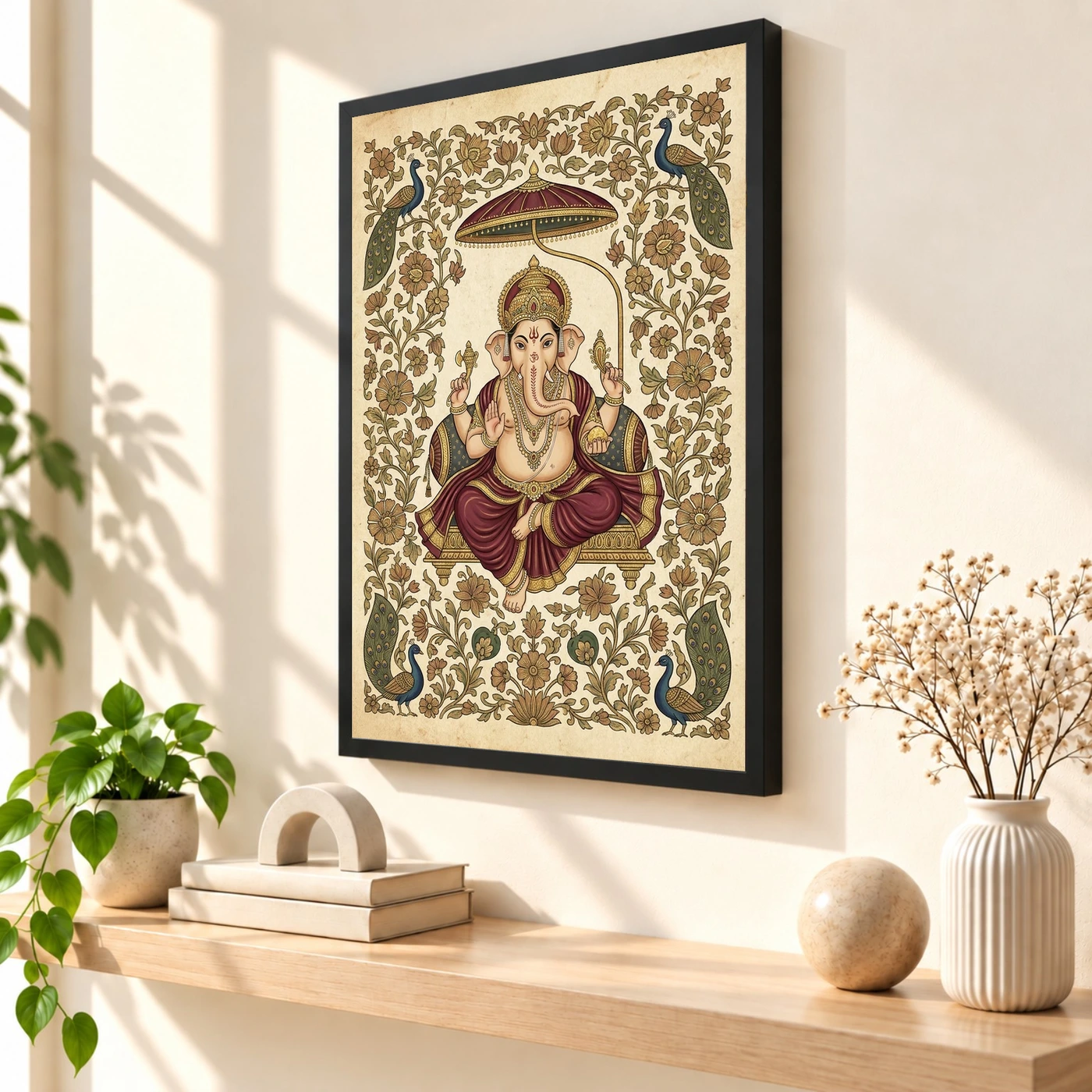 Ganesha Pichwai Painting Peacock Floral Rajasthani Wall Art Photo Frame 2 Ganesha Pichwai Painting Peacock Floral Rajasthani Wall Art Photo Frame — black frame console