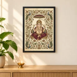 Ganesha Pichwai Painting Peacock Floral Rajasthani Wall Art Photo Frame 11 Ganesha Pichwai Painting Peacock Floral Rajasthani Wall Art Photo Frame — black frame pooja shelf