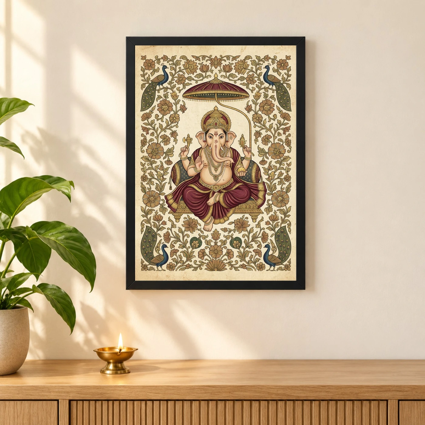 Ganesha Pichwai Painting Peacock Floral Rajasthani Wall Art Photo Frame 3 Ganesha Pichwai Painting Peacock Floral Rajasthani Wall Art Photo Frame — black frame pooja shelf