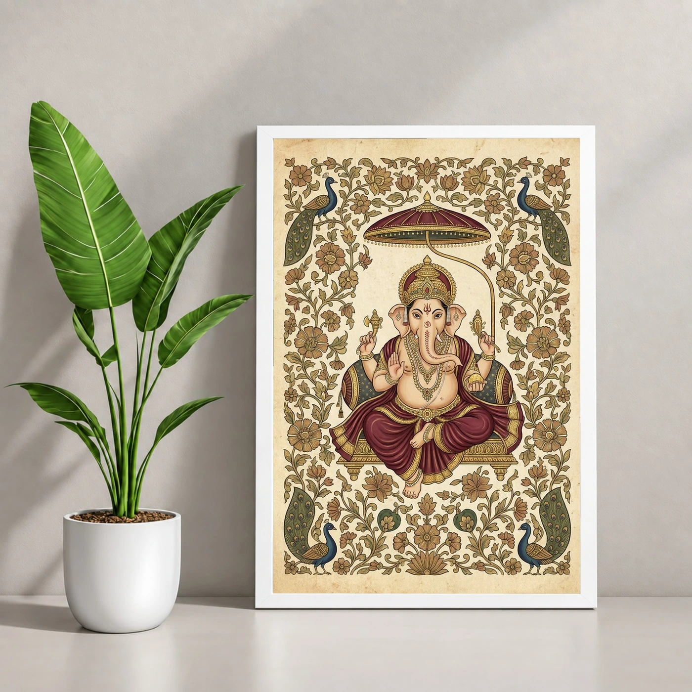 Ganesha Pichwai Painting Peacock Floral Rajasthani Wall Art Photo Frame 4 Ganesha Pichwai Painting Peacock Floral Rajasthani Wall Art Photo Frame — white frame console