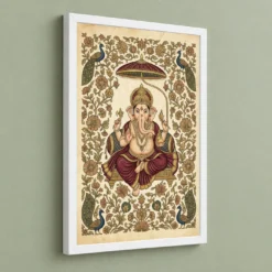 Ganesha Pichwai Painting Peacock Floral Rajasthani Wall Art Photo Frame 13 Ganesha Pichwai Painting Peacock Floral Rajasthani Wall Art Photo Frame — white frame angled wall