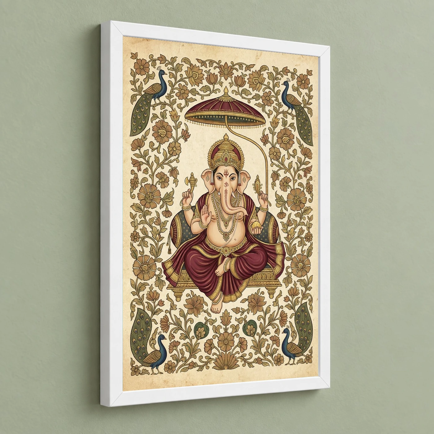 Ganesha Pichwai Painting Peacock Floral Rajasthani Wall Art Photo Frame 5 Ganesha Pichwai Painting Peacock Floral Rajasthani Wall Art Photo Frame — white frame angled wall