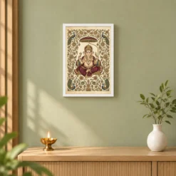Ganesha Pichwai Painting Peacock Floral Rajasthani Wall Art Photo Frame 14 Ganesha Pichwai Painting Peacock Floral Rajasthani Wall Art Photo Frame — white frame distant wall