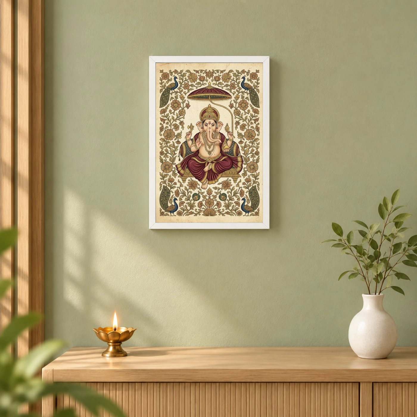 Ganesha Pichwai Painting Peacock Floral Rajasthani Wall Art Photo Frame 6 Ganesha Pichwai Painting Peacock Floral Rajasthani Wall Art Photo Frame — white frame distant wall