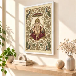 Ganesha Pichwai Painting Peacock Floral Rajasthani Wall Art Photo Frame 15 Ganesha Pichwai Painting Peacock Floral Rajasthani Wall Art Photo Frame — white frame warm console