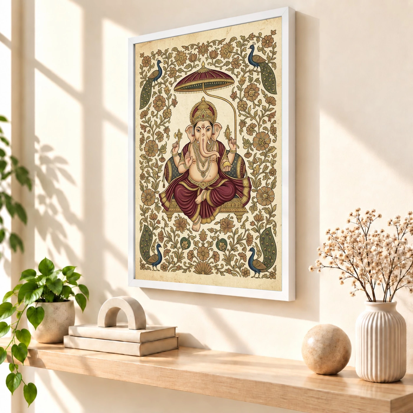 Ganesha Pichwai Painting Peacock Floral Rajasthani Wall Art Photo Frame 7 Ganesha Pichwai Painting Peacock Floral Rajasthani Wall Art Photo Frame — white frame warm console