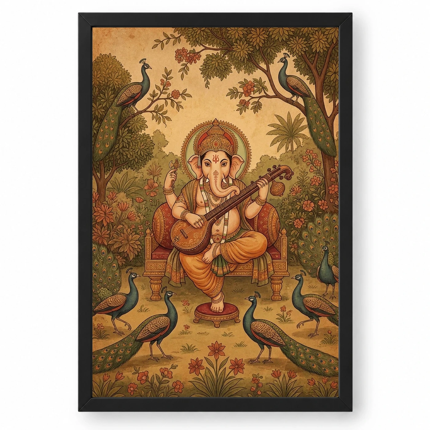 Ganesha Playing Veena Peacock Rajasthani Miniature Painting Photo Frame 1 Ganesha Playing Veena Peacock Rajasthani Miniature Painting Photo Frame — black frame clean