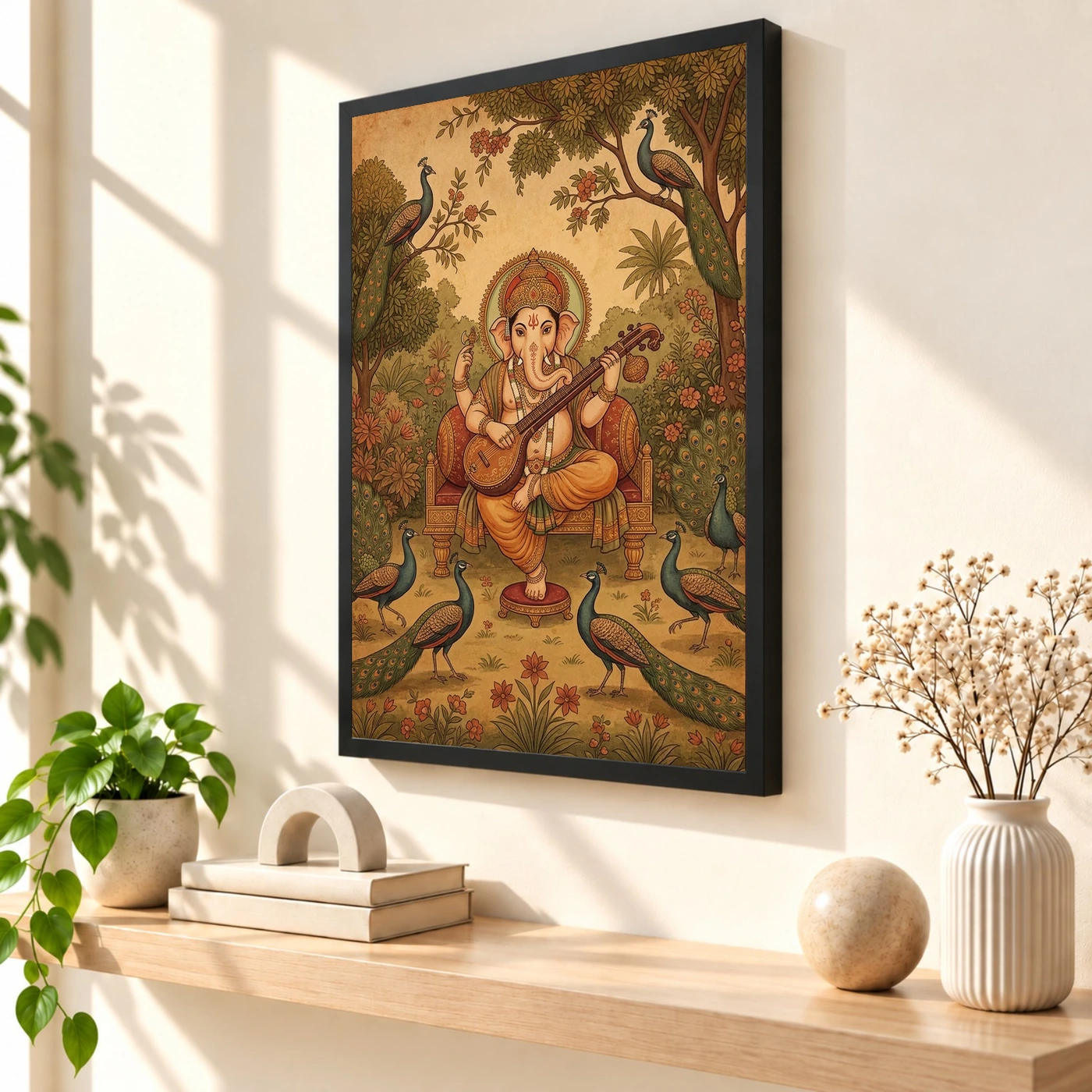Ganesha Playing Veena Peacock Rajasthani Miniature Painting Photo Frame 2 Ganesha Playing Veena Peacock Rajasthani Miniature Painting Photo Frame — black frame console