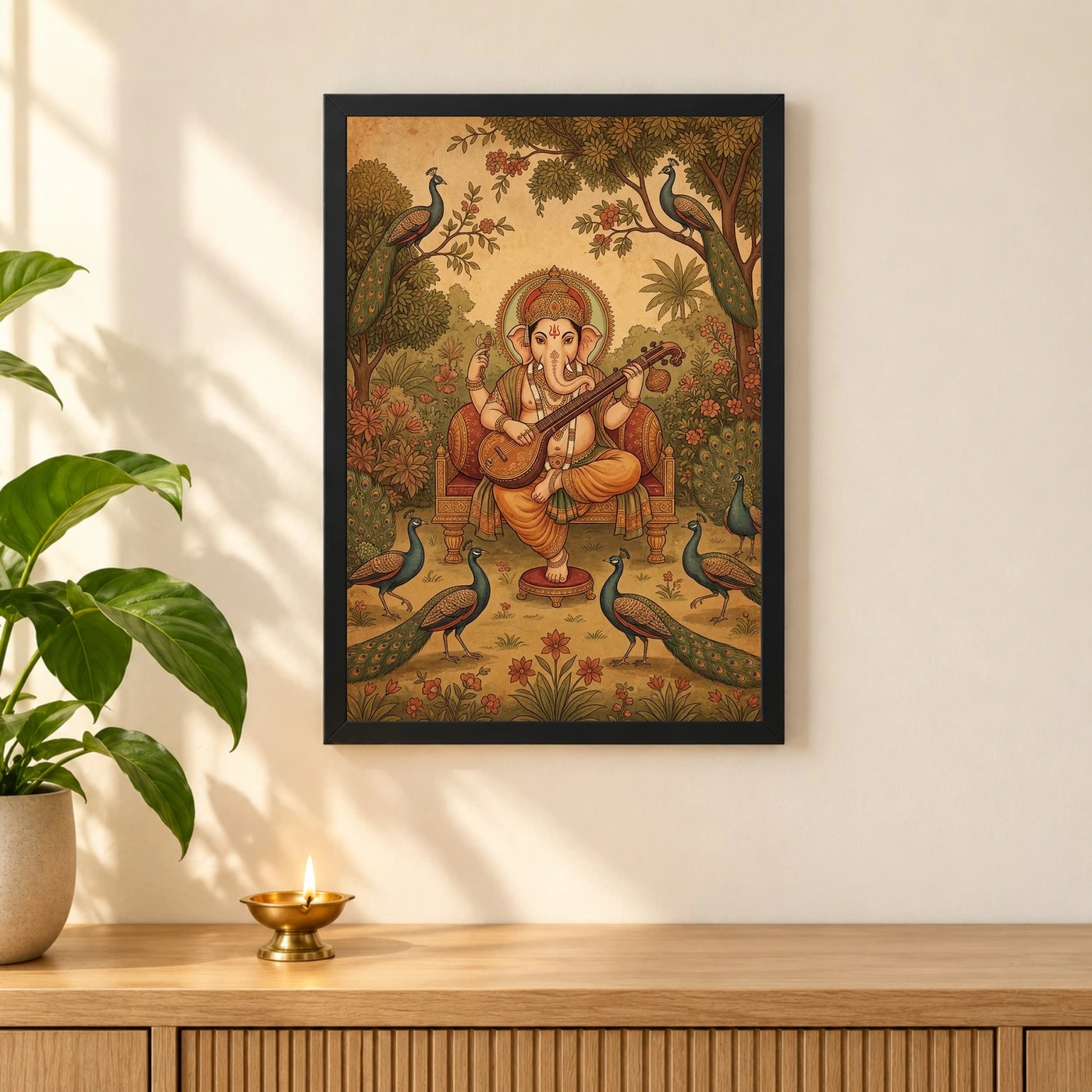 Ganesha Playing Veena Peacock Rajasthani Miniature Painting Photo Frame 3 Ganesha Playing Veena Peacock Rajasthani Miniature Painting Photo Frame — black frame pooja shelf