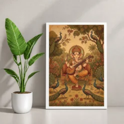 Ganesha Playing Veena Peacock Rajasthani Miniature Painting Photo Frame 12 Ganesha Playing Veena Peacock Rajasthani Miniature Painting Photo Frame — white frame console