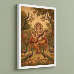Ganesha Playing Veena Peacock Rajasthani Miniature Painting Photo Frame 13 Ganesha Playing Veena Peacock Rajasthani Miniature Painting Photo Frame — white frame angled wall