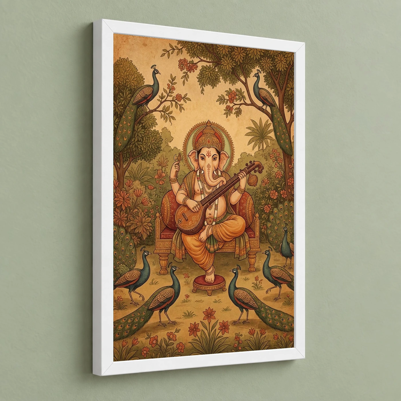 Ganesha Playing Veena Peacock Rajasthani Miniature Painting Photo Frame 5 Ganesha Playing Veena Peacock Rajasthani Miniature Painting Photo Frame — white frame angled wall