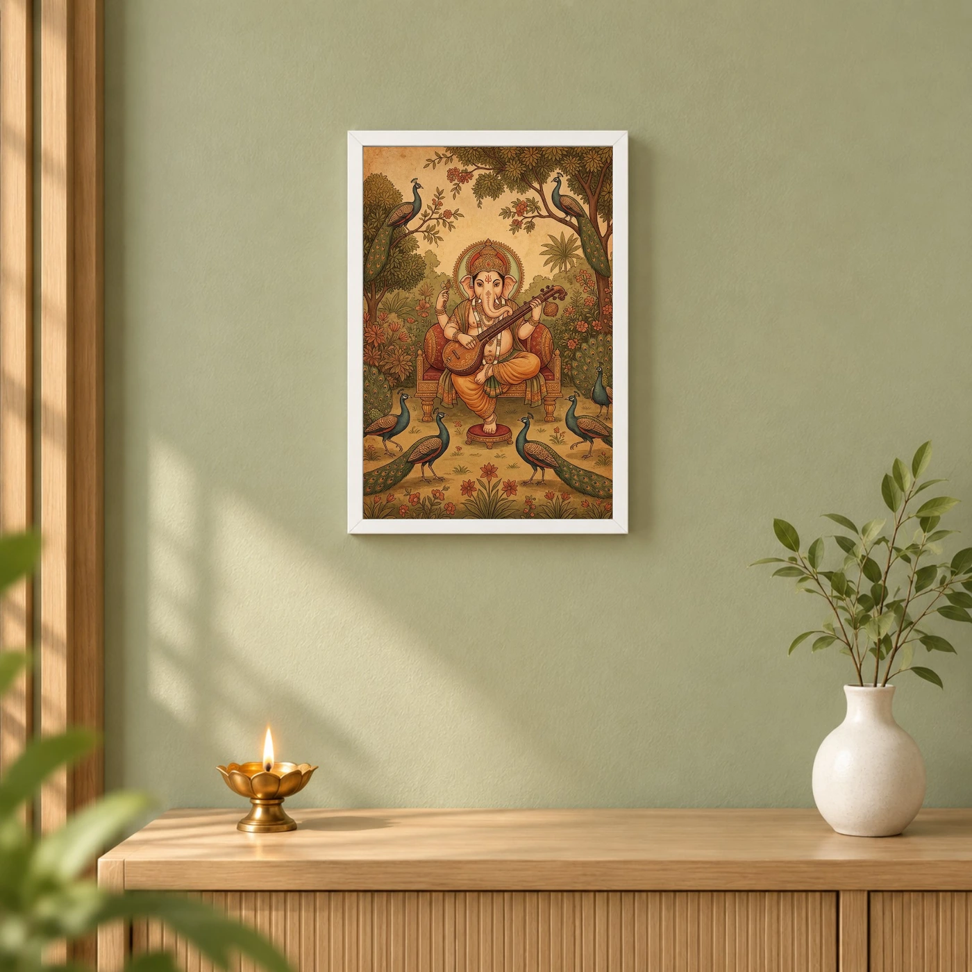 Ganesha Playing Veena Peacock Rajasthani Miniature Painting Photo Frame 6 Ganesha Playing Veena Peacock Rajasthani Miniature Painting Photo Frame — white frame distant wall