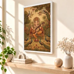 Ganesha Playing Veena Peacock Rajasthani Miniature Painting Photo Frame 15 Ganesha Playing Veena Peacock Rajasthani Miniature Painting Photo Frame — white frame warm console