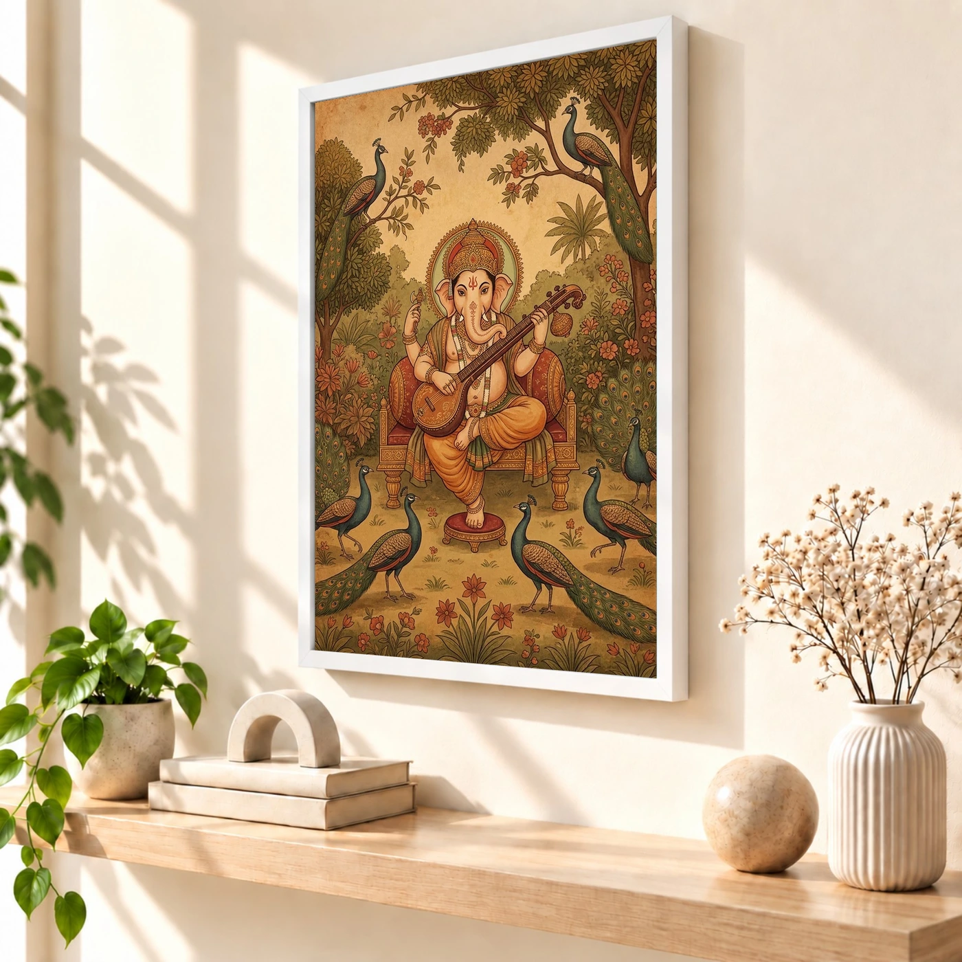 Ganesha Playing Veena Peacock Rajasthani Miniature Painting Photo Frame 7 Ganesha Playing Veena Peacock Rajasthani Miniature Painting Photo Frame — white frame warm console