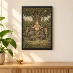 Ganesha Protecting Elephants Forest Nature Earthy Art Photo Frame — black frame pooja shelf