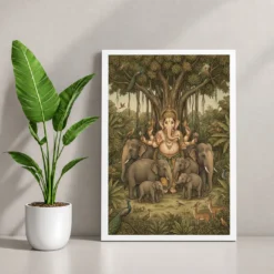 Ganesha Protecting Elephants Forest Nature Earthy Art Photo Frame — white frame console