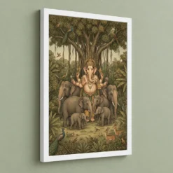 Ganesha Protecting Elephants Forest Nature Earthy Art Photo Frame — white frame angled wall