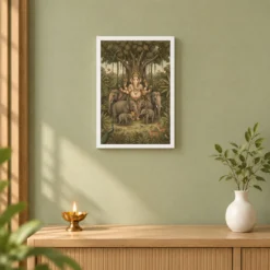 Ganesha Protecting Elephants Forest Nature Earthy Art Photo Frame — white frame distant wall