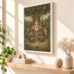 Ganesha Protecting Elephants Forest Nature Earthy Art Photo Frame — white frame warm console
