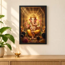 Lord Ganesha Realistic Digital Painting Divine Glow Modak Photo Frame — black frame pooja shelf