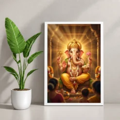 Lord Ganesha Realistic Digital Painting Divine Glow Modak Photo Frame — white frame console