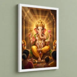 Lord Ganesha Realistic Digital Painting Divine Glow Modak Photo Frame — white frame angled wall