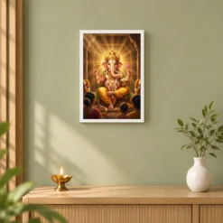 Lord Ganesha Realistic Digital Painting Divine Glow Modak Photo Frame — white frame distant wall