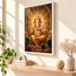 Lord Ganesha Realistic Digital Painting Divine Glow Modak Photo Frame — white frame warm console