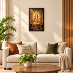 Lord Ganesha Realistic Digital Painting Divine Glow Modak Photo Frame — black frame sofa
