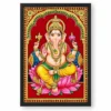 Lord Ganesha Tanjore Painting Gold Lotus Throne Wall Art Photo Frame — black frame clean