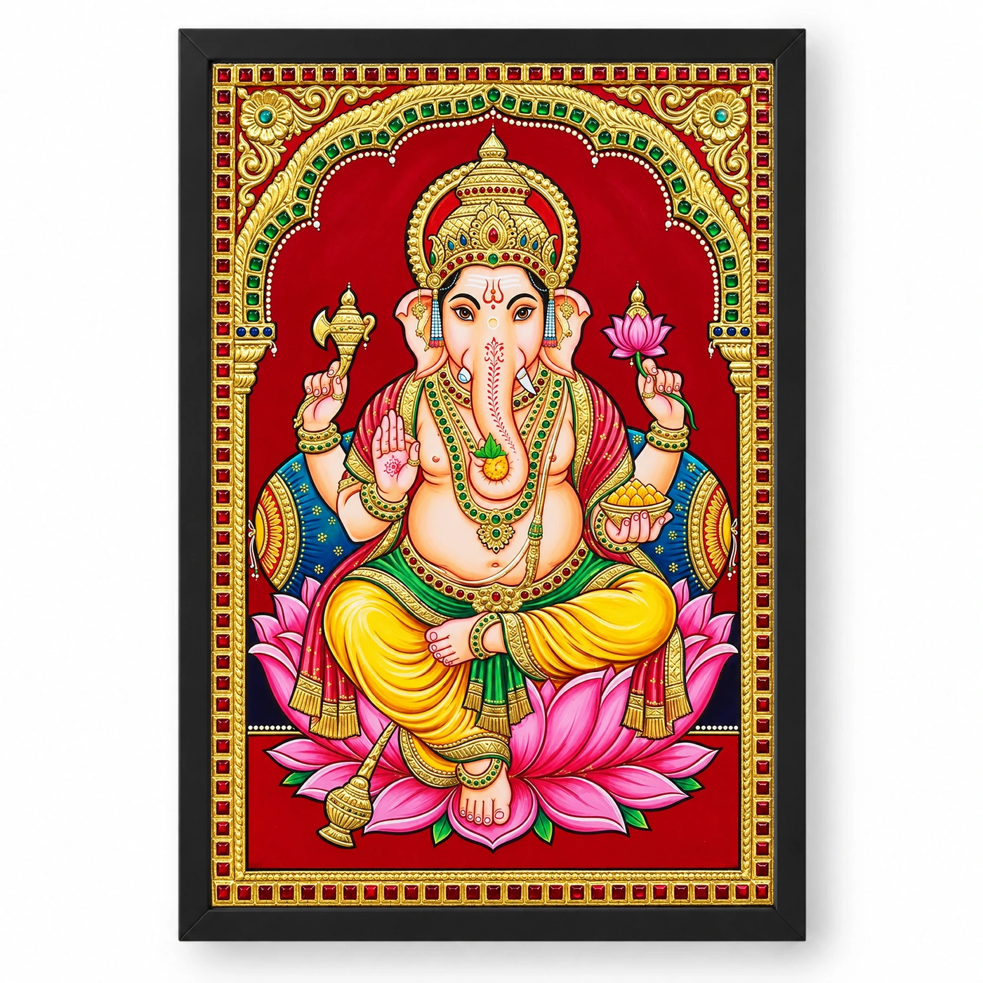 Lord Ganesha Tanjore Painting Gold Lotus Throne Wall Art Photo Frame 1 Lord Ganesha Tanjore Painting Gold Lotus Throne Wall Art Photo Frame — black frame clean