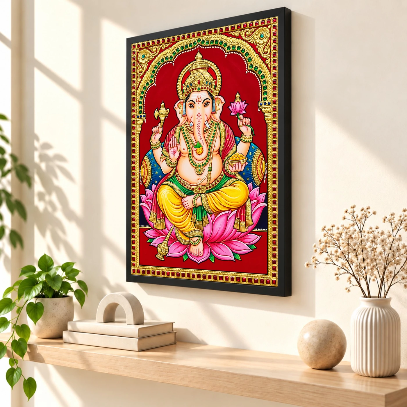 Lord Ganesha Tanjore Painting Gold Lotus Throne Wall Art Photo Frame 2 Lord Ganesha Tanjore Painting Gold Lotus Throne Wall Art Photo Frame — black frame console