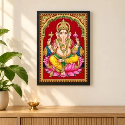Lord Ganesha Tanjore Painting Gold Lotus Throne Wall Art Photo Frame 11 Lord Ganesha Tanjore Painting Gold Lotus Throne Wall Art Photo Frame — black frame pooja shelf