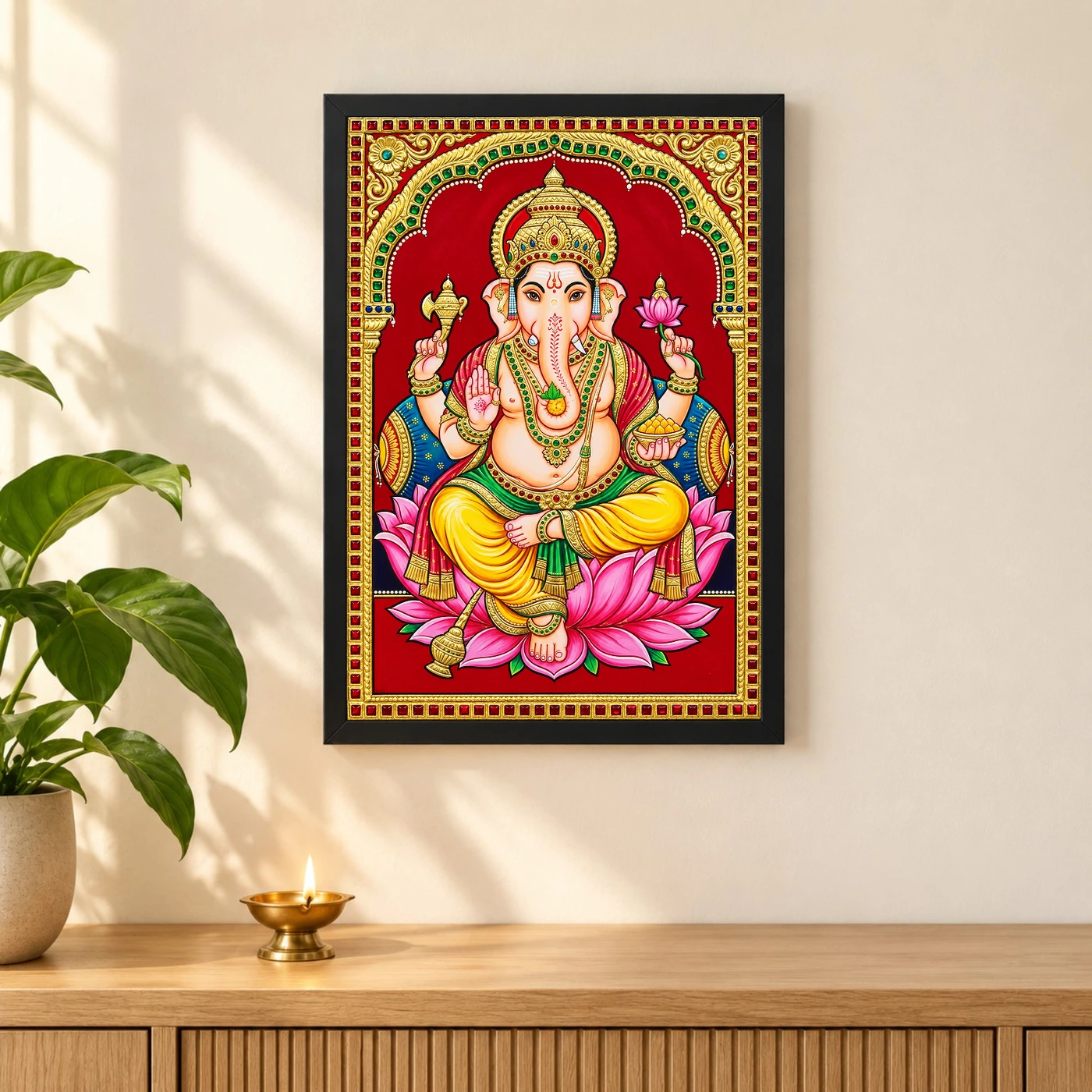 Lord Ganesha Tanjore Painting Gold Lotus Throne Wall Art Photo Frame 3 Lord Ganesha Tanjore Painting Gold Lotus Throne Wall Art Photo Frame — black frame pooja shelf