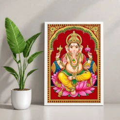 Lord Ganesha Tanjore Painting Gold Lotus Throne Wall Art Photo Frame 12 Lord Ganesha Tanjore Painting Gold Lotus Throne Wall Art Photo Frame — white frame console
