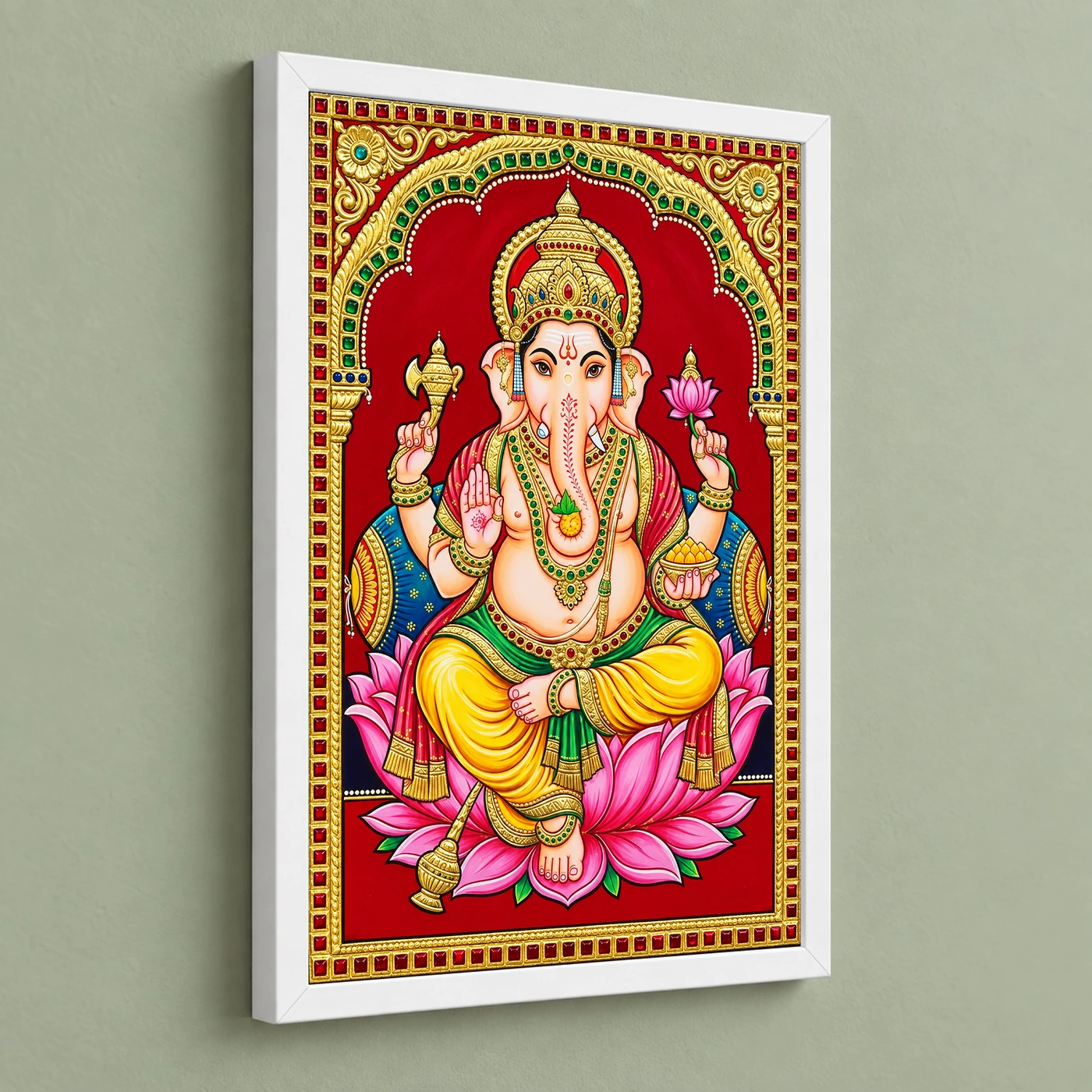 Lord Ganesha Tanjore Painting Gold Lotus Throne Wall Art Photo Frame 5 Lord Ganesha Tanjore Painting Gold Lotus Throne Wall Art Photo Frame — white frame angled wall