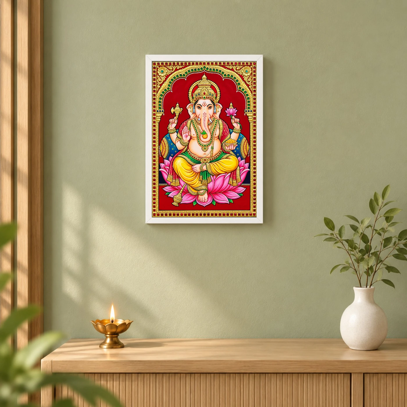Lord Ganesha Tanjore Painting Gold Lotus Throne Wall Art Photo Frame 6 Lord Ganesha Tanjore Painting Gold Lotus Throne Wall Art Photo Frame — white frame distant wall