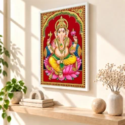 Lord Ganesha Tanjore Painting Gold Lotus Throne Wall Art Photo Frame 15 Lord Ganesha Tanjore Painting Gold Lotus Throne Wall Art Photo Frame — white frame warm console