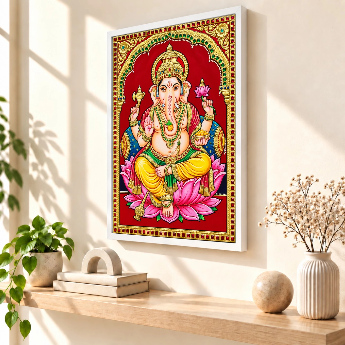 Lord Ganesha Tanjore Painting Gold Lotus Throne Wall Art Photo Frame 7 Lord Ganesha Tanjore Painting Gold Lotus Throne Wall Art Photo Frame — white frame warm console