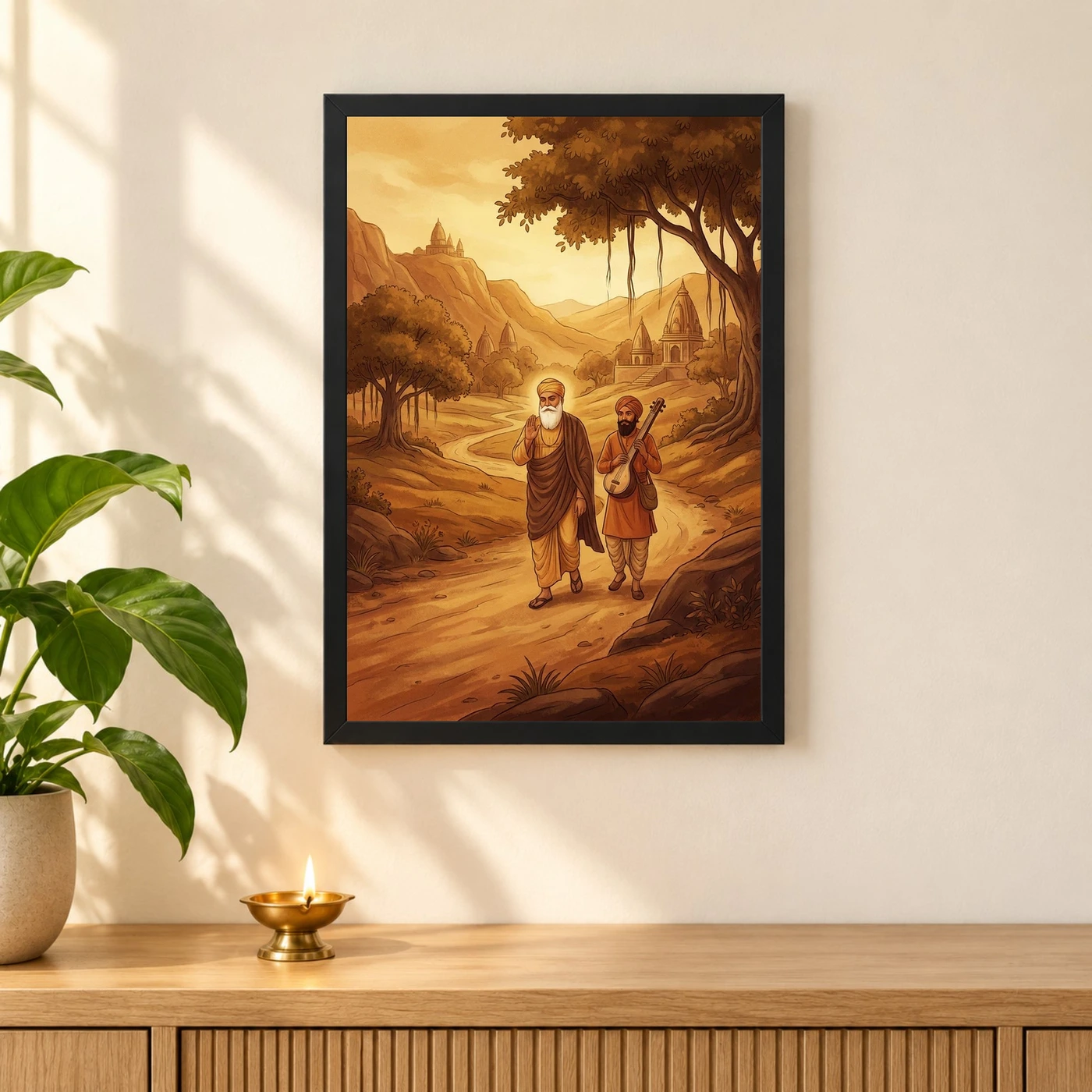 Guru Nanak Bhai Bala Spiritual Journey India Warm Art Photo Frame 3 Guru Nanak Bhai Bala Spiritual Journey India Warm Art Photo Frame — black frame pooja shelf
